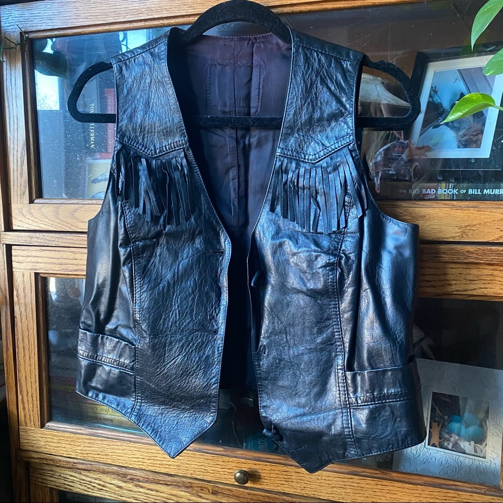 Black leather vintage fringe vest adult small
